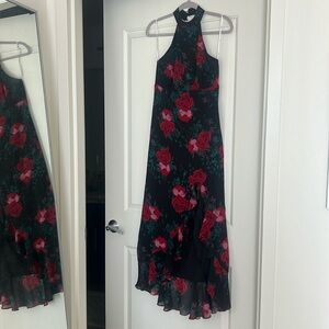 Lulus black halter dress with red rose pattern